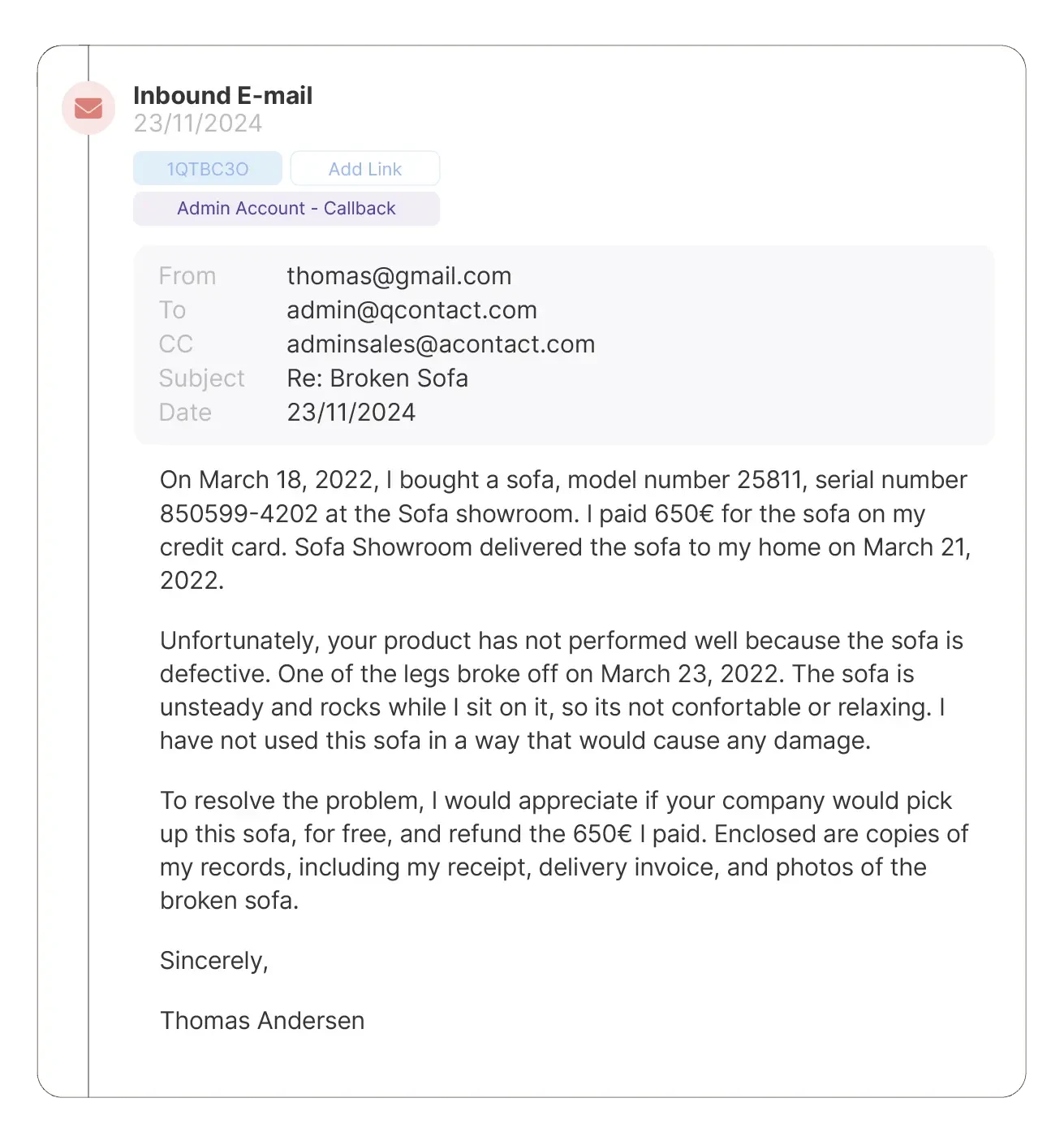 Screenshot showing the Email Tab from QContact