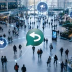 Modern public venue with people and digital communication overlays representing security, staff coordination and emergency preparedness.