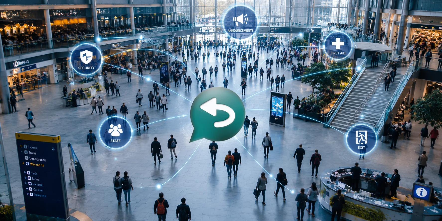 Modern public venue with people and digital communication overlays representing security, staff coordination and emergency preparedness.