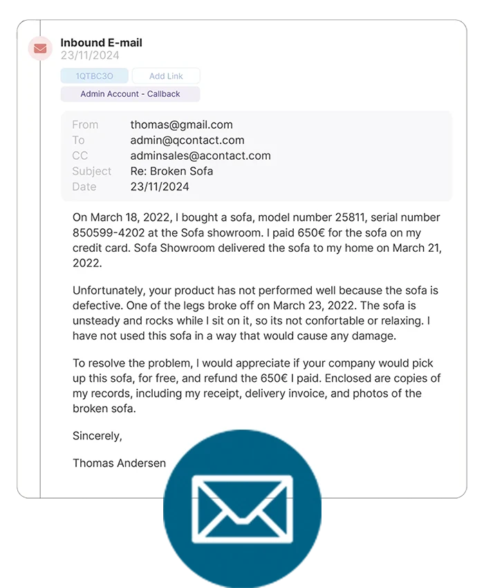 Screenshot showing the Email Tab from QContact